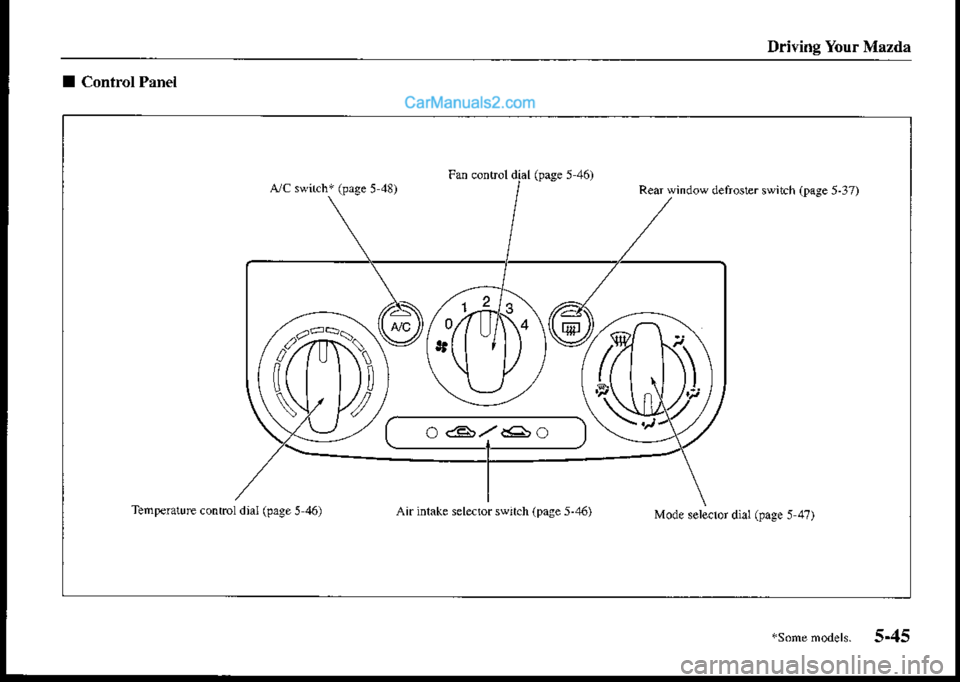 MAZDA MODEL PROTÉGÉ 2001  Owners Manual (in English) Driving Your Mazda
I Control Plnel
Fan conuoldial(pase 5 46rPear windos LlefrosEr stritch ipage 5.17r
TenpedtuE conrol djal (page 5 46)An i.hke sehrorswn.h (page 5.46)Mode selectoi dial (page 5 ,1?)
(