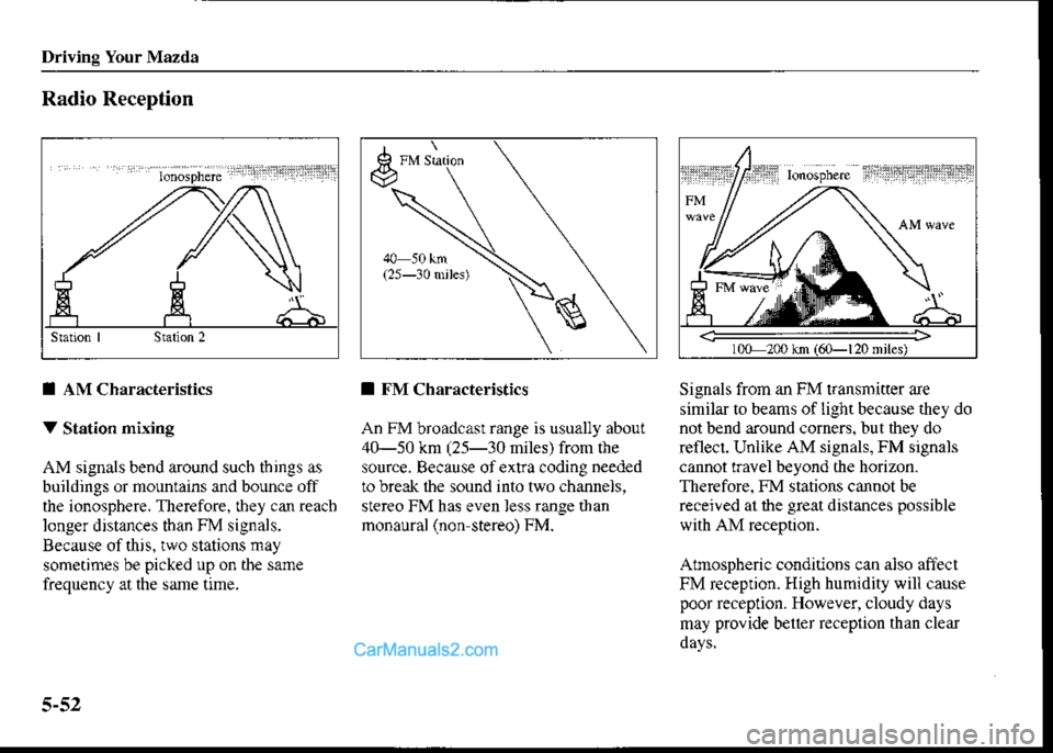 MAZDA MODEL PROTÉGÉ 2001 (in English) Service Manual Driving Your Mazda
Radio Reception
I AM Characteristics
V Station mixing
AM signalsbend around such tbings as
buildings or mountains and bounce off
the ionosphere. Therefore. lhey can reach
longer dis MAZDA MODEL PROTÉGÉ 2001 (in English) Service Manual Driving Your Mazda
Radio Reception
I AM Characteristics
V Station mixing
AM signalsbend around such tbings as
buildings or mountains and bounce off
the ionosphere. Therefore. lhey can reach
longer dis
