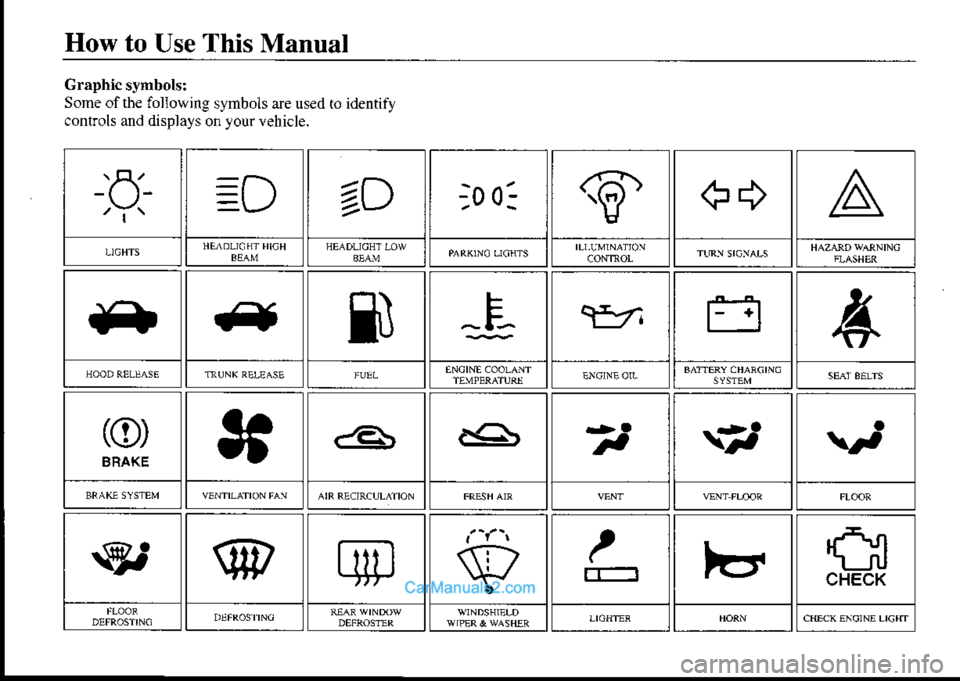 MAZDA MODEL PROTÉGÉ 2001  Owners Manual (in English) How to Use This Manual
€+;o o:
.*""".^
Graphicsymbols:
Some of the following symbols are used to identify
controls and displays on lourvehicle.
e
trwlIM{\
4
*
a
w,
*
7
ff
-
n
-CS
**
r___ru
CHECK