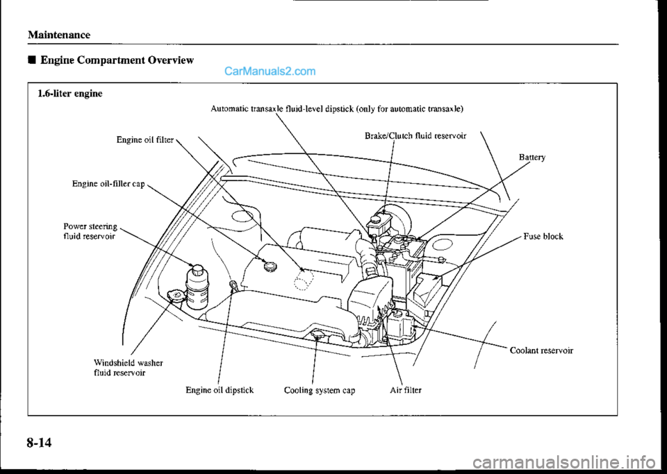 MAZDA MODEL PROTÉGÉ 2001 (in English) Service Manual Maintenance
1.6-liter engine
Autonaric rderle nuid lerel dipsti.t (only for aulonatic ttusaxle)
I Engine Compartnent Overview
8-14 MAZDA MODEL PROTÉGÉ 2001 (in English) Service Manual Maintenance
1.6-liter engine
Autonaric rderle nuid lerel dipsti.t (only for aulonatic ttusaxle)
I Engine Compartnent Overview
8-14