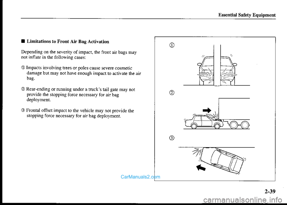 MAZDA MODEL PROTÉGÉ 2001  Owners Manual (in English) Essential Safety Equipment
I Limitations to Front Air Bag Activation
Depending on the severity ofimpacr, fte front air bags maynot inflate in the following casesi
aD Impacts involving trees orpoles ca