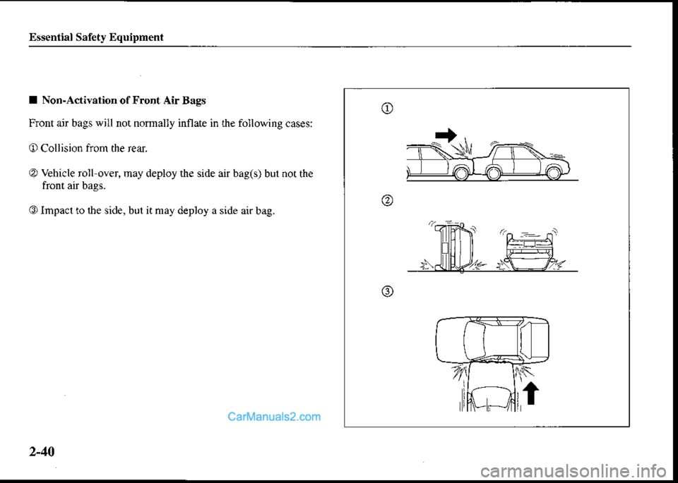 MAZDA MODEL PROTÉGÉ 2001   (in English) Workshop Manual Essenrial Safeb Equipment
I Non-ActiYation of Front Air Bags
Frcnt ajr bags will not normally inflate in the following casesi
O Collision from the rear.
O Vehicle roll over, may deploy the side air ba