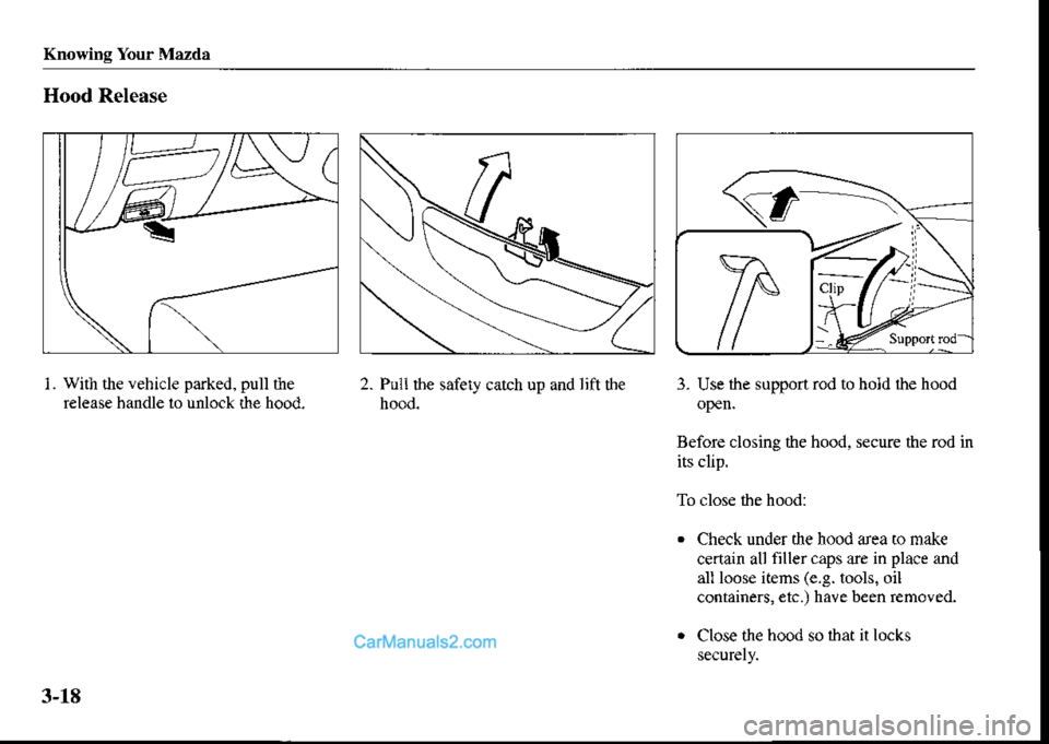 MAZDA MODEL PROTÉGÉ 2001  Owners Manual (in English) Knowing Your Mzz da
Hood Release
1 . with the vehicle parked. pull the
release handle 1() unlock the hood.
2. Puli the safery catch up and lift the3- Use the support rod to hold ihe hood
Before closin