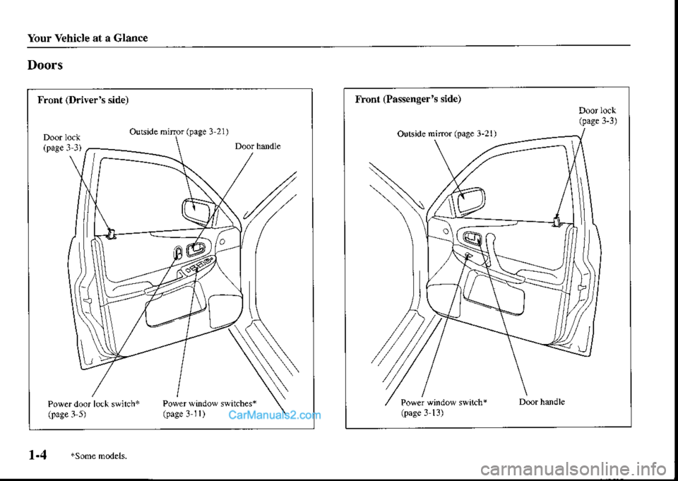 MAZDA MODEL PROTÉGÉ 2001  Owners Manual (in English) Your Vehicle at a Glance
OuGde mircrlprge I 2l I
Power aindow switches*
Outside nimr (paBe 3-21)
Froot (Passengers side)  