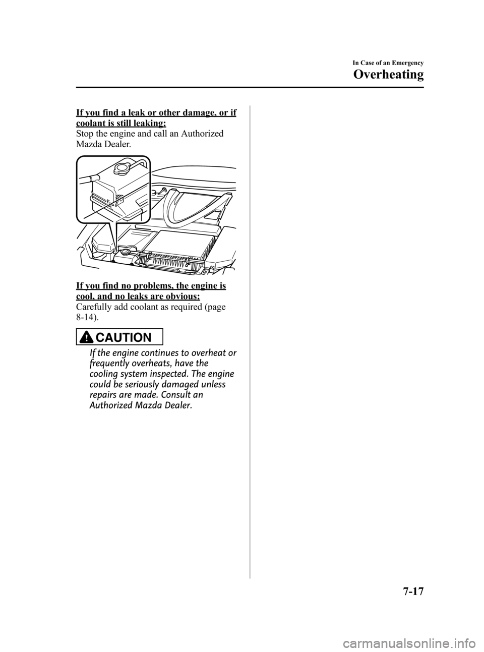 MAZDA MODEL RX 8 2009 (in English) User Guide Black plate (313,1)
If you find a leak or other damage, or if
coolant is still leaking:
Stop the engine and call an Authorized
Mazda Dealer.
If you find no problems, the engine is
cool, and no leaks a MAZDA MODEL RX 8 2009 (in English) User Guide Black plate (313,1)
If you find a leak or other damage, or if
coolant is still leaking:
Stop the engine and call an Authorized
Mazda Dealer.
If you find no problems, the engine is
cool, and no leaks a