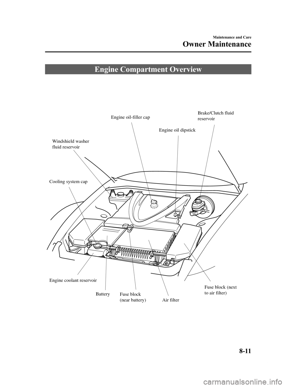 MAZDA MODEL RX 8 2009  Owners Manual (in English) Black plate (333,1)
Engine Compartment Overview
Windshield washer 
fluid reservoirEngine oil-filler cap
Engine oil dipstickBrake/Clutch fluid 
reservoir
Cooling system cap
Engine coolant reservoir Bat