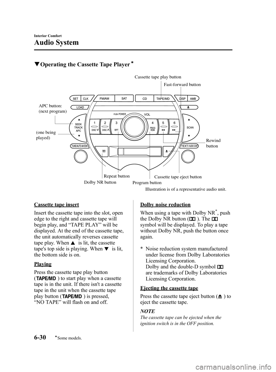 MAZDA MODEL RX 8 2008 (in English) User Guide Black plate (220,1)
qOperating the Cassette Tape Playerí
APC button:
(next program)
(one being
played) Rewind
button
Dolby NR button Repeat button
Program button
Illustration is of a representativ MAZDA MODEL RX 8 2008 (in English) User Guide Black plate (220,1)
qOperating the Cassette Tape Playerí
APC button:
(next program)
(one being
played) Rewind
button
Dolby NR button Repeat button
Program button
Illustration is of a representativ