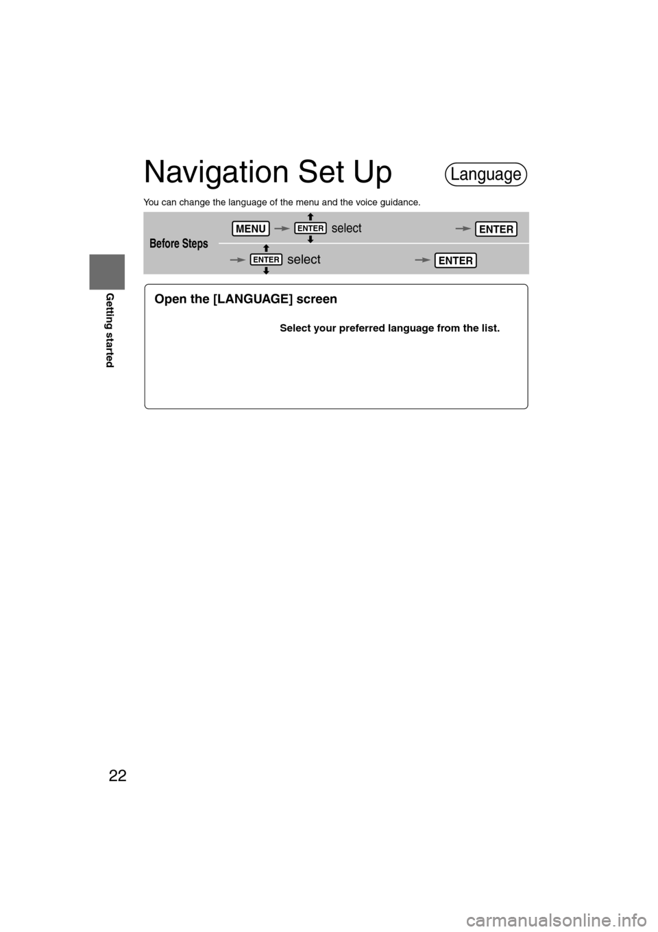 MAZDA MODEL RX 8 2008 (in English) Owners Manual 22
RoutingAddress
Book
Getting started
Navigation Set Up
You can change the language of the menu and the voice guidance.
Before Steps
select
select
Language
MENUENTERENTER
ENTERENTER
Open th MAZDA MODEL RX 8 2008 (in English) Owners Manual 22
RoutingAddress
Book
Getting started
Navigation Set Up
You can change the language of the menu and the voice guidance.
Before Steps
select
select
Language
MENUENTERENTER
ENTERENTER
Open th