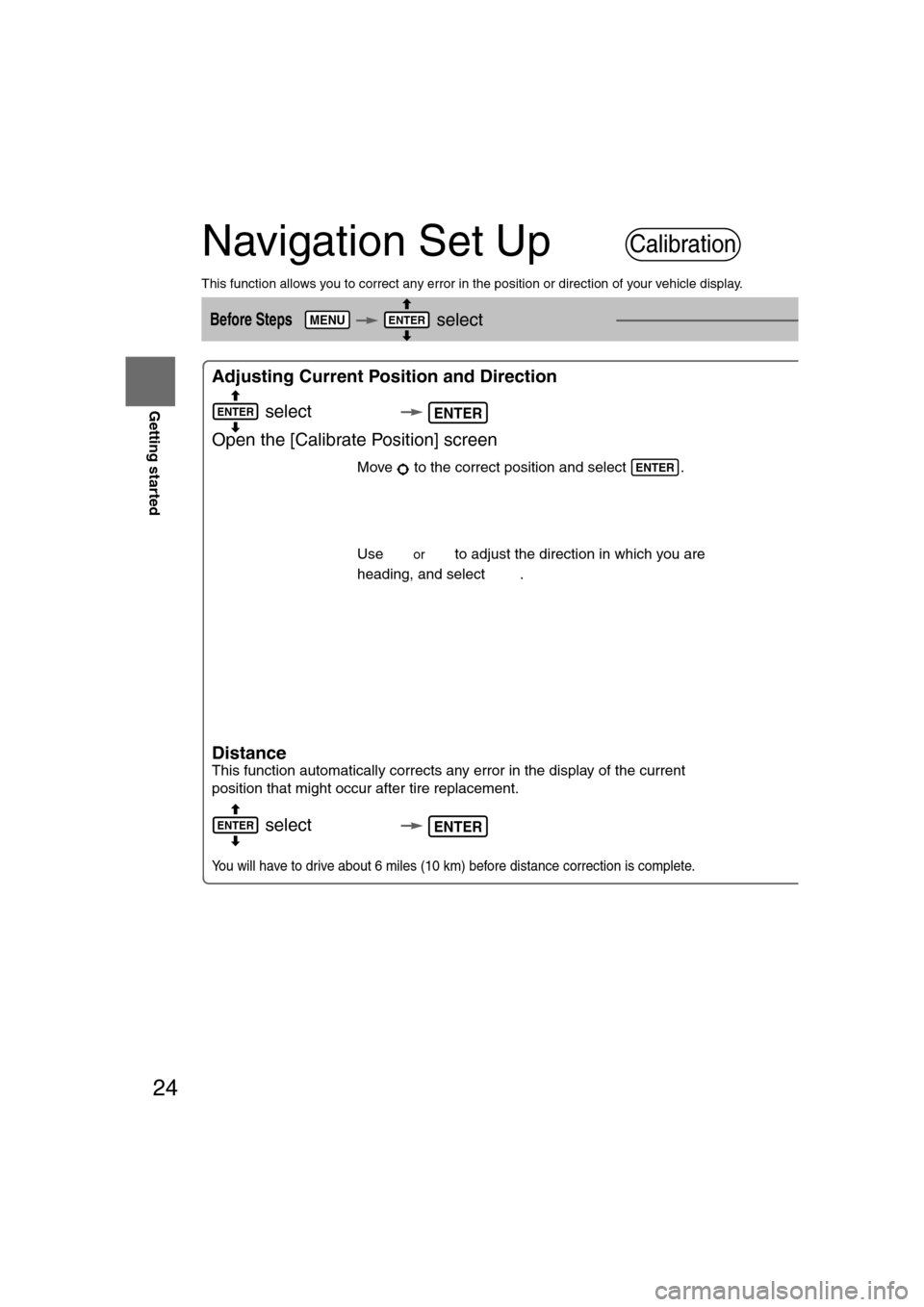 MAZDA MODEL RX 8 2008 (in English) Service Manual 24
RoutingAddress
Book
Getting started
Navigation Set Up
This function allows you to correct any error in the position or direction of your vehicle display.
Before Steps select
Adjusting Curren MAZDA MODEL RX 8 2008 (in English) Service Manual 24
RoutingAddress
Book
Getting started
Navigation Set Up
This function allows you to correct any error in the position or direction of your vehicle display.
Before Steps select
Adjusting Curren