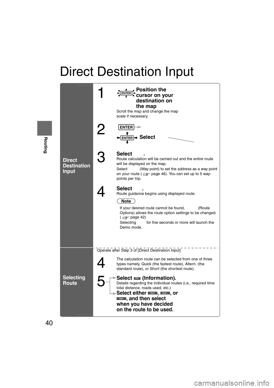 MAZDA MODEL RX 8 2008 Owners Manual (in English) 40
Before
UseGetting
started
Routing
Direct Destination Input
Direct
Destination
Input
Selecting
Route
1
Position the
cursor on your
destination on
the map
Scroll the map and change the map
scale MAZDA MODEL RX 8 2008 Owners Manual (in English) 40
Before
UseGetting
started
Routing
Direct Destination Input
Direct
Destination
Input
Selecting
Route
1
Position the
cursor on your
destination on
the map
Scroll the map and change the map
scale