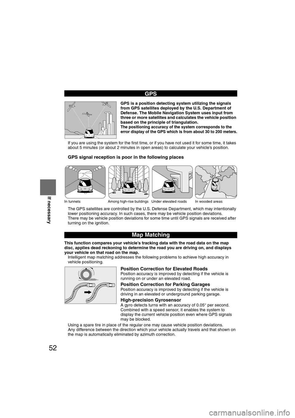 MAZDA MODEL RX 8 2008 (in English) Owners Guide 52
Before
UseGetting
started
RoutingAddress
Book
Vo i c e Recognition
If necessary
GPS is a position detecting system utilizing the signals
from GPS satellites deployed by the U.S. Department of
MAZDA MODEL RX 8 2008 (in English) Owners Guide 52
Before
UseGetting
started
RoutingAddress
Book
Vo i c e Recognition
If necessary
GPS is a position detecting system utilizing the signals
from GPS satellites deployed by the U.S. Department of