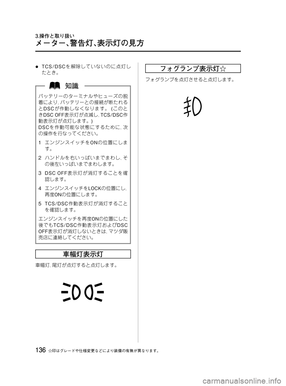 MAZDA MODEL RX 8 2008 取扱説明書 (in Japanese) Black plate (136,1)
lTCS/DSCを解除していないのに点灯し
たとき。
バッテリーのターミナルやヒューズの脱
着により、バッテリーとの接続が断たれる
とDSC MAZDA MODEL RX 8 2008 取扱説明書 (in Japanese) Black plate (136,1)
lTCS/DSCを解除していないのに点灯し
たとき。
バッテリーのターミナルやヒューズの脱
着により、バッテリーとの接続が断たれる
とDSC