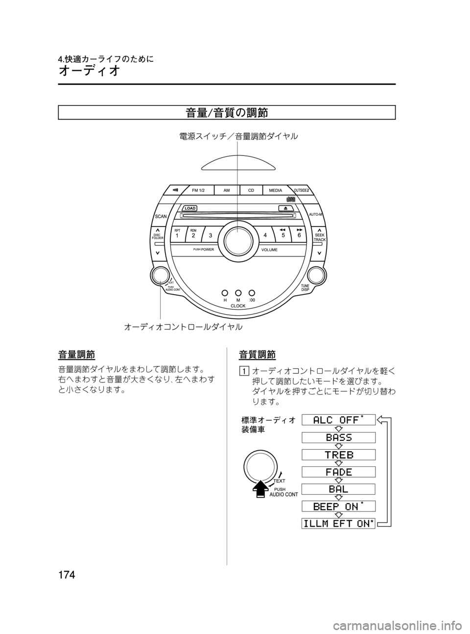 MAZDA MODEL RX 8 2008  取扱説明書 (in Japanese) Black plate (174,1)
音量/音質の調節
音量調節
音量調節ダイヤルをまわして調節します。
右へまわすと音量が大きくなり､左へまわす
と小さくなります