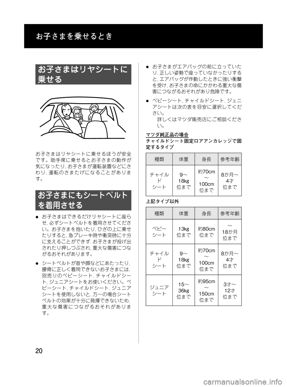 MAZDA MODEL RX 8 2008  取扱説明書 (in Japanese) Black plate (20,1)
お子さまはリヤシートに
乗せる
お子さまはリヤシートに乗せるほうが安全
です。助手席に乗せるとお子さまの動作が
気になったり､