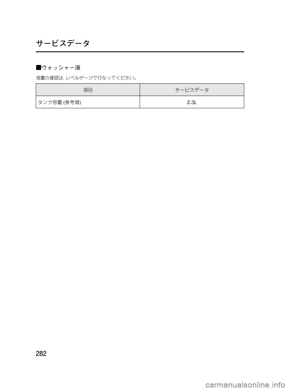 MAZDA MODEL RX 8 2008 取扱説明書 (in Japanese) Black plate (282,1)
■ウォッシャー液
液量の確認は、レベルゲージで行なってください。
項目サービスデータ
タンク容量(参考値) 2.3L
282
RX-8_Fソ_4版282ペ MAZDA MODEL RX 8 2008 取扱説明書 (in Japanese) Black plate (282,1)
■ウォッシャー液
液量の確認は、レベルゲージで行なってください。
項目サービスデータ
タンク容量(参考値) 2.3L
282
RX-8_Fソ_4版282ペ