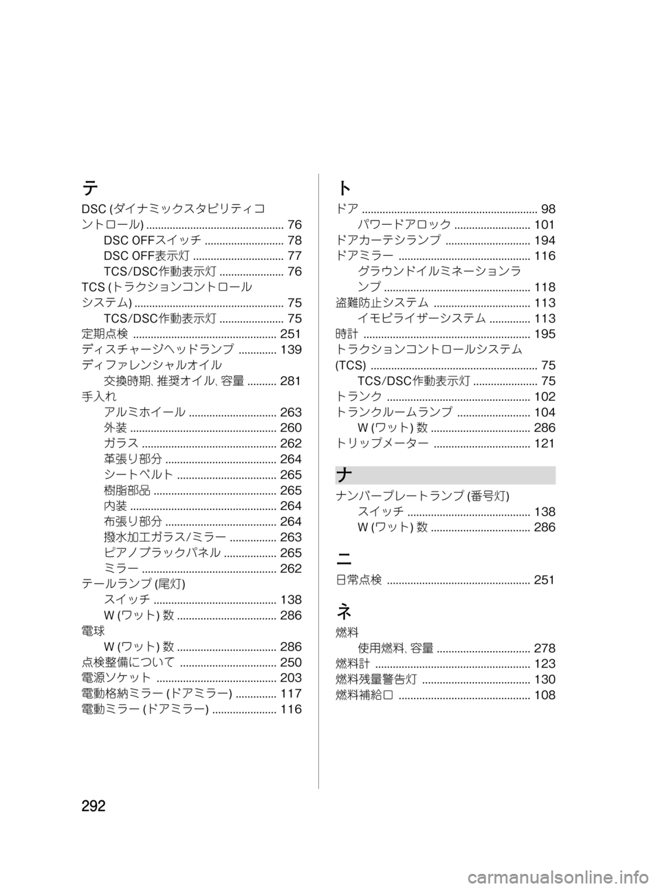 MAZDA MODEL RX 8 2008 取扱説明書 (in Japanese) Black plate (292,1)
テ
DSC (ダイナミックスタビリティコ
ントロール) ............................................... 76
DSC OFFスイッチ........................... 78
DSC OFF表示 MAZDA MODEL RX 8 2008 取扱説明書 (in Japanese) Black plate (292,1)
テ
DSC (ダイナミックスタビリティコ
ントロール) ............................................... 76
DSC OFFスイッチ........................... 78
DSC OFF表示