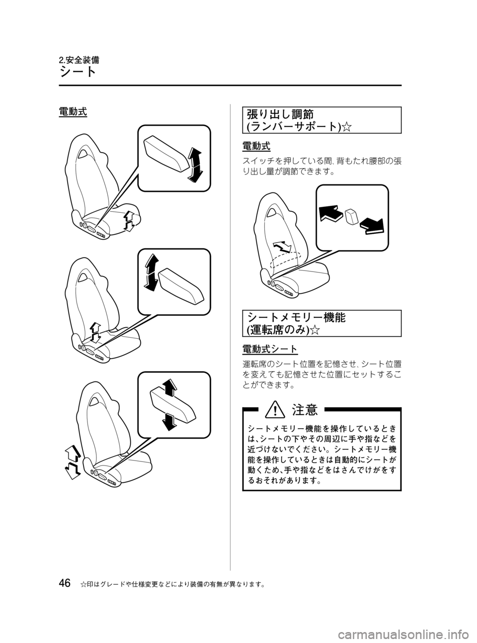 MAZDA MODEL RX 8 2008  取扱説明書 (in Japanese) Black plate (46,1)
電動式張り出し調節
(ランバーサポート)☆
電動式
スイッチを押している間､背もたれ腰部の張
り出し量が調節できます。
シートメモ