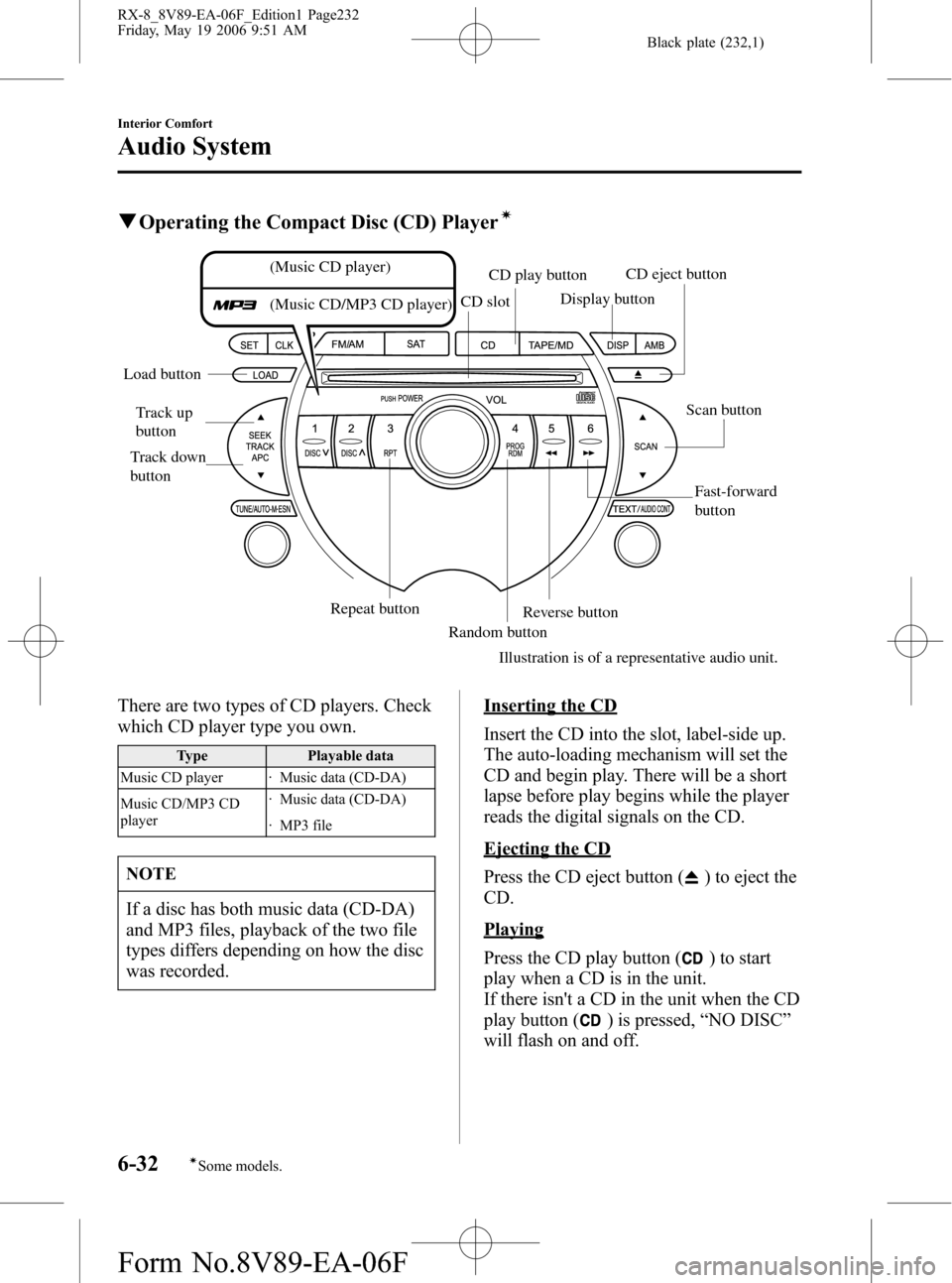 MAZDA MODEL RX 8 2007 (in English) User Guide Black plate (232,1)
qOperating the Compact Disc (CD) Playerí
(Music CD player)
(Music CD/MP3 CD player)
Fast-forward
button Track up
button
Track down
button Load buttonCD slotCD play button
Displ MAZDA MODEL RX 8 2007 (in English) User Guide Black plate (232,1)
qOperating the Compact Disc (CD) Playerí
(Music CD player)
(Music CD/MP3 CD player)
Fast-forward
button Track up
button
Track down
button Load buttonCD slotCD play button
Displ