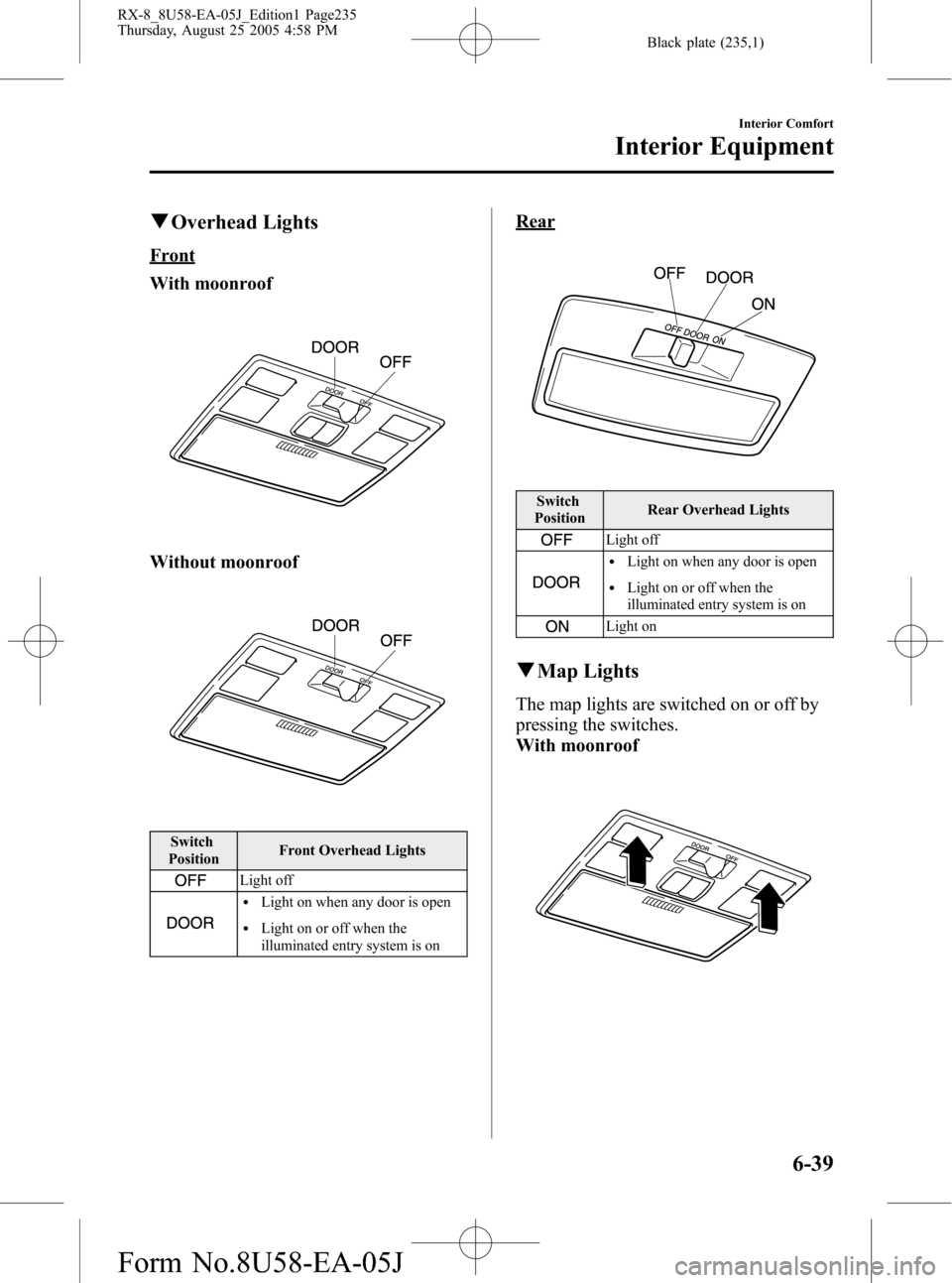 MAZDA MODEL RX 8 2006  Owners Manual (in English) Black plate (235,1)
qOverhead Lights
Front
With moonroof
Without moonroof
Switch
PositionFront Overhead Lights
Light off
lLight on when any door is open
lLight on or off when the
illuminated entry sys