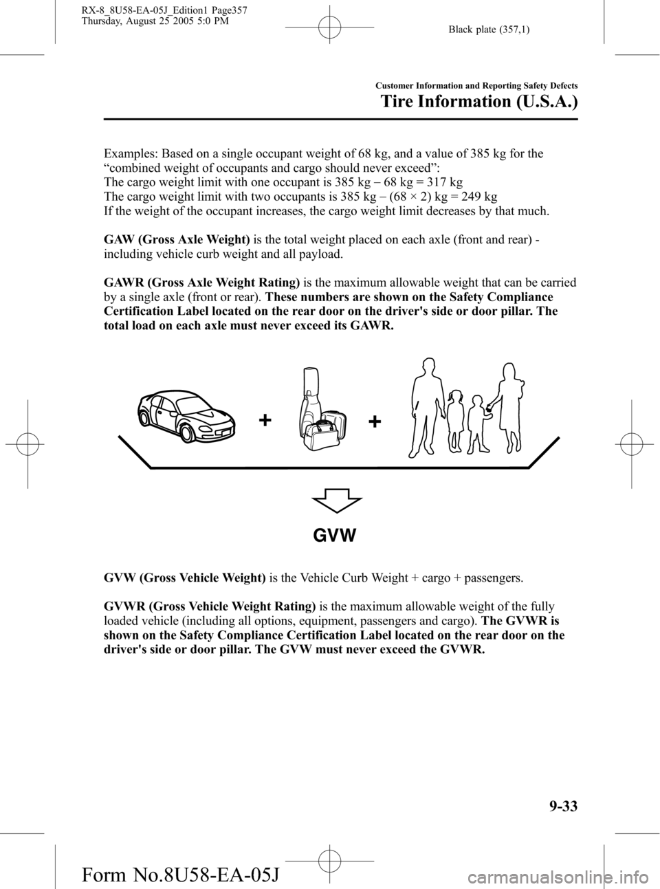 MAZDA MODEL RX 8 2006 (in English) Owners Manual Black plate (357,1)
Examples: Based on a single occupant weight of 68 kg, and a value of 385 kg for the
“combined weight of occupants and cargo should never exceed”:
The cargo weight limit with on MAZDA MODEL RX 8 2006 (in English) Owners Manual Black plate (357,1)
Examples: Based on a single occupant weight of 68 kg, and a value of 385 kg for the
“combined weight of occupants and cargo should never exceed”:
The cargo weight limit with on