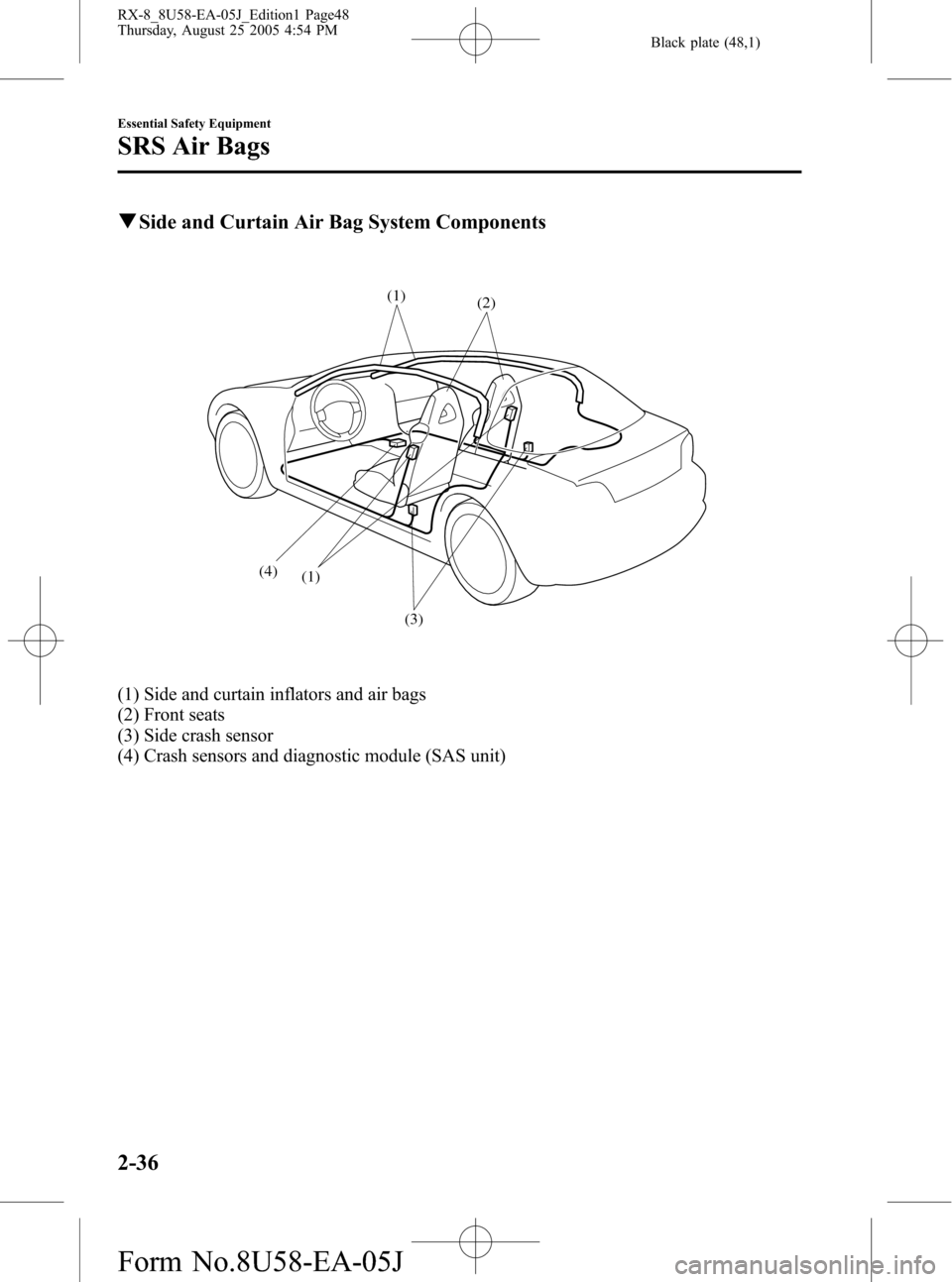 MAZDA MODEL RX 8 2006 (in English) Service Manual Black plate (48,1)
qSide and Curtain Air Bag System Components
(1)
(2)
(3) (1)
(4)
(1) Side and curtain inflators and air bags
(2) Front seats
(3) Side crash sensor
(4) Crash sensors and diagnostic mo MAZDA MODEL RX 8 2006 (in English) Service Manual Black plate (48,1)
qSide and Curtain Air Bag System Components
(1)
(2)
(3) (1)
(4)
(1) Side and curtain inflators and air bags
(2) Front seats
(3) Side crash sensor
(4) Crash sensors and diagnostic mo