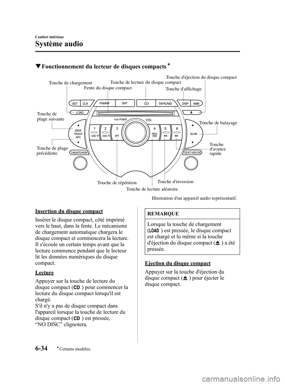 MAZDA MODEL RX 8 2006 Manuel du propriétaire (in French) Black plate (248,1)
qFonctionnement du lecteur de disques compactsí
Touche de balayage Touche daffichage
Touche dinversion
Touche de lecture aléatoire Touche de répétition Fente du disque compac MAZDA MODEL RX 8 2006 Manuel du propriétaire (in French) Black plate (248,1)
qFonctionnement du lecteur de disques compactsí
Touche de balayage Touche daffichage
Touche dinversion
Touche de lecture aléatoire Touche de répétition Fente du disque compac
