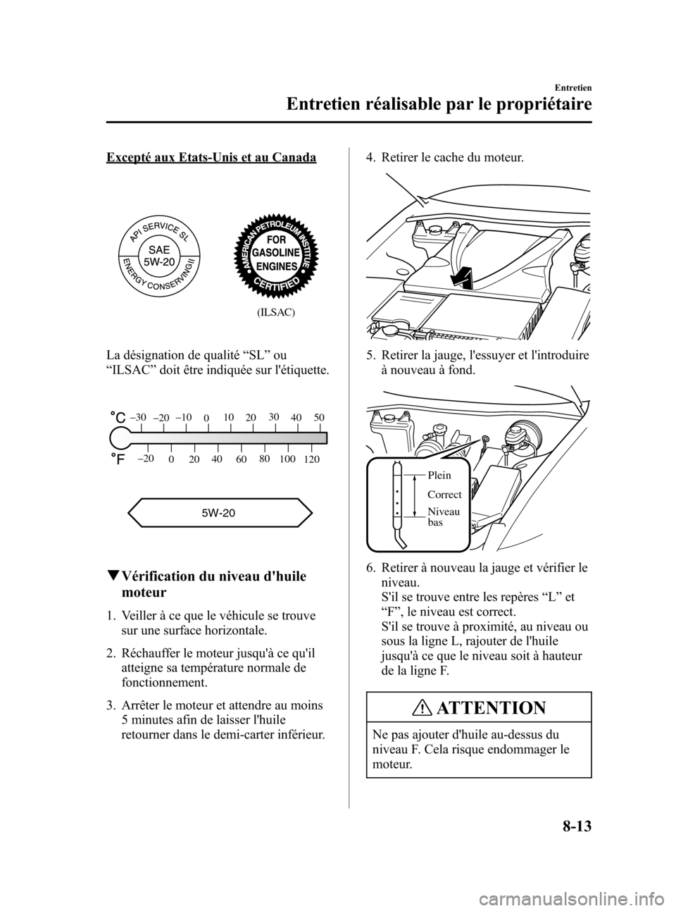 MAZDA MODEL RX 8 2006  Manuel du propriétaire (in French) Black plate (313,1)
Excepté aux Etats-Unis et au Canada
(ILSAC)
La désignation de qualité“SL”ou
“ILSAC”doit être indiquée sur létiquette.
5W-20
120 100 80
60 40
20
0 –20
50 40 30
20 1