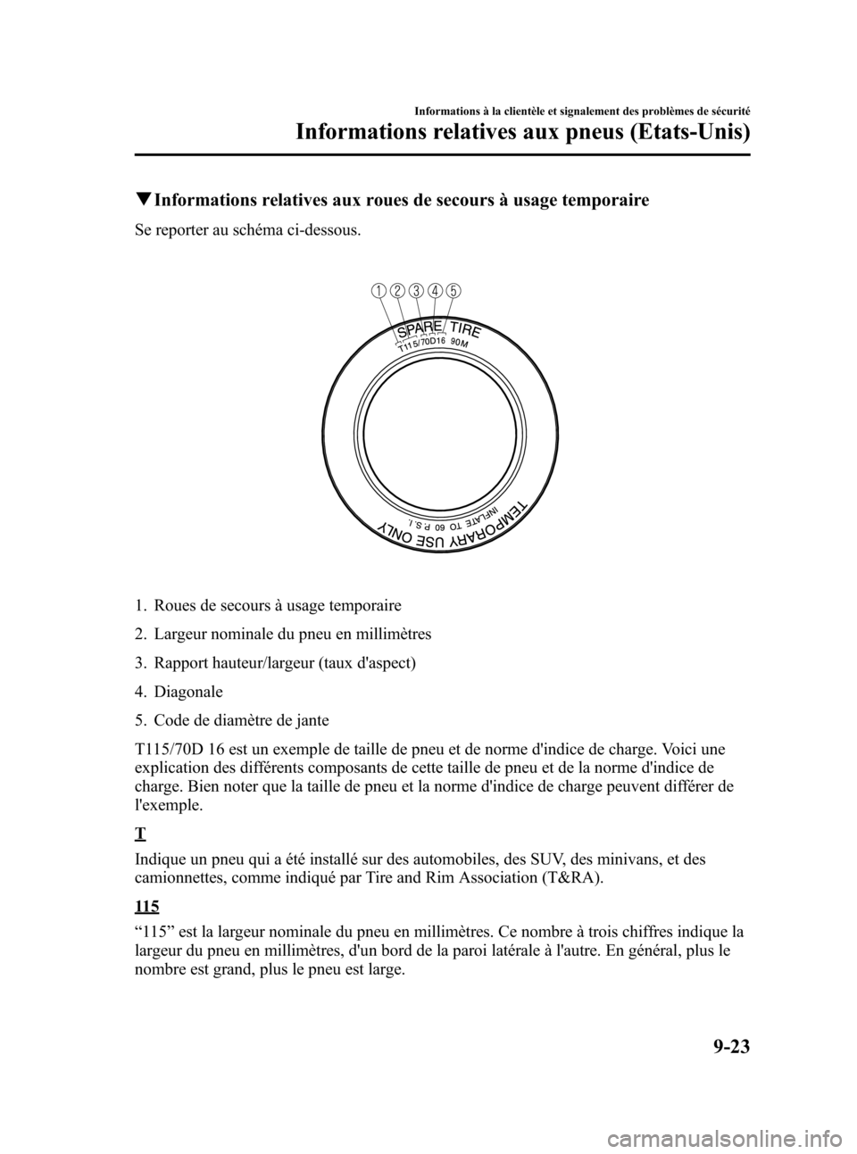 MAZDA MODEL RX 8 2006 Manuel du propriétaire (in French) Black plate (379,1)
qInformations relatives aux roues de secours à usage temporaire
Se reporter au schéma ci-dessous.
1. Roues de secours à usage temporaire
2. Largeur nominale du pneu en millimèt MAZDA MODEL RX 8 2006 Manuel du propriétaire (in French) Black plate (379,1)
qInformations relatives aux roues de secours à usage temporaire
Se reporter au schéma ci-dessous.
1. Roues de secours à usage temporaire
2. Largeur nominale du pneu en millimèt