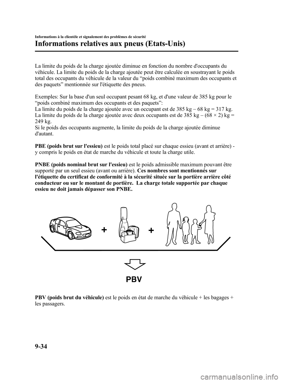 MAZDA MODEL RX 8 2006 Manuel du propriétaire (in French) Black plate (390,1)
La limite du poids de la charge ajoutée diminue en fonction du nombre doccupants du
véhicule. La limite du poids de la charge ajoutée peut être calculée en soustrayant le poi MAZDA MODEL RX 8 2006 Manuel du propriétaire (in French) Black plate (390,1)
La limite du poids de la charge ajoutée diminue en fonction du nombre doccupants du
véhicule. La limite du poids de la charge ajoutée peut être calculée en soustrayant le poi