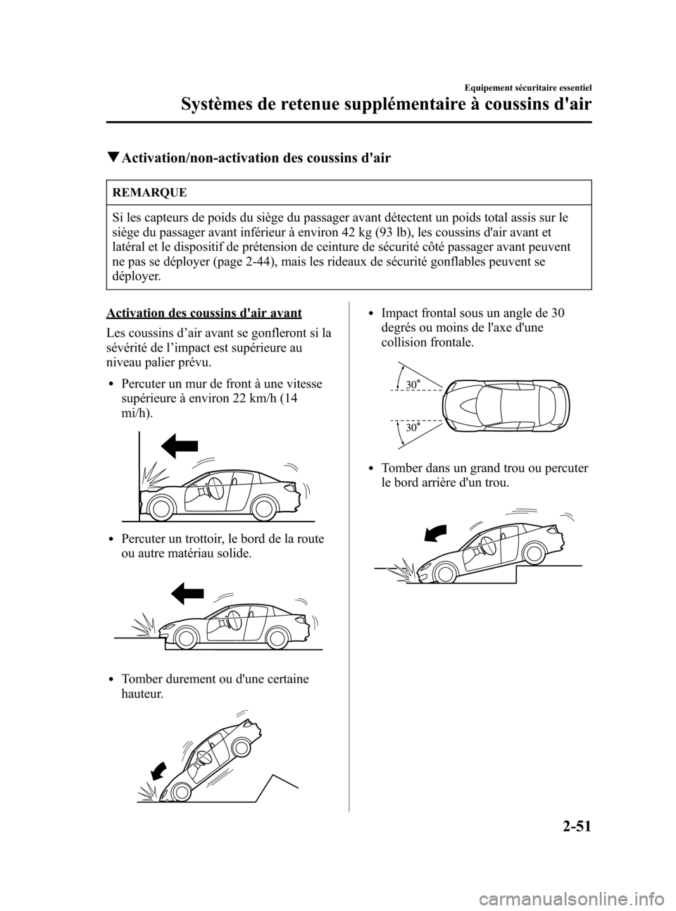 MAZDA MODEL RX 8 2006 Manuel du propriétaire (in French) Black plate (63,1)
qActivation/non-activation des coussins dair
REMARQUE
Si les capteurs de poids du siège du passager avant détectent un poids total assis sur le
siège du passager avant inférieu MAZDA MODEL RX 8 2006 Manuel du propriétaire (in French) Black plate (63,1)
qActivation/non-activation des coussins dair
REMARQUE
Si les capteurs de poids du siège du passager avant détectent un poids total assis sur le
siège du passager avant inférieu