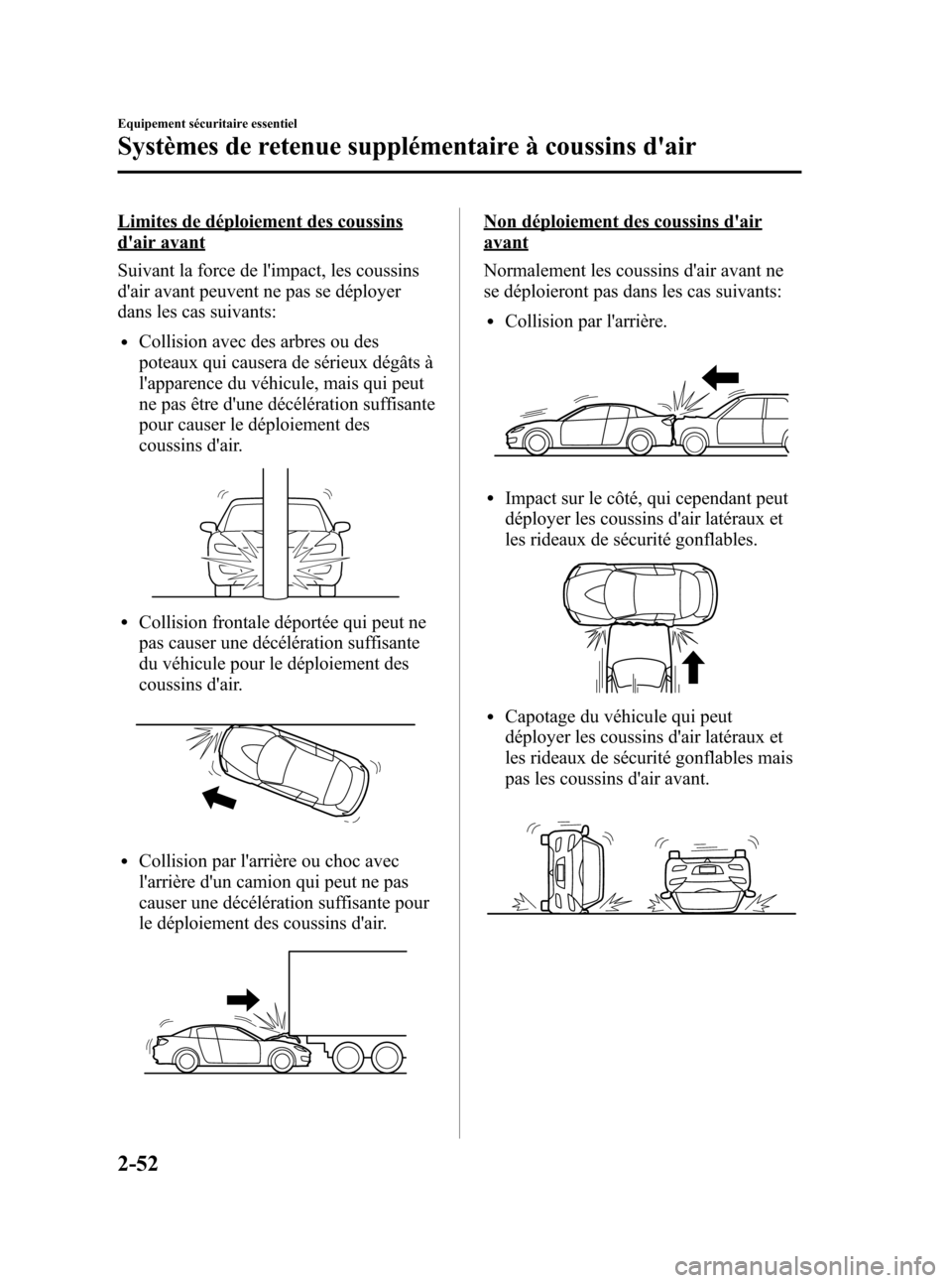 MAZDA MODEL RX 8 2006 Manuel du propriétaire (in French) Black plate (64,1)
Limites de déploiement des coussins
dair avant
Suivant la force de limpact, les coussins
dair avant peuvent ne pas se déployer
dans les cas suivants:
lCollision avec des arbres MAZDA MODEL RX 8 2006 Manuel du propriétaire (in French) Black plate (64,1)
Limites de déploiement des coussins
dair avant
Suivant la force de limpact, les coussins
dair avant peuvent ne pas se déployer
dans les cas suivants:
lCollision avec des arbres