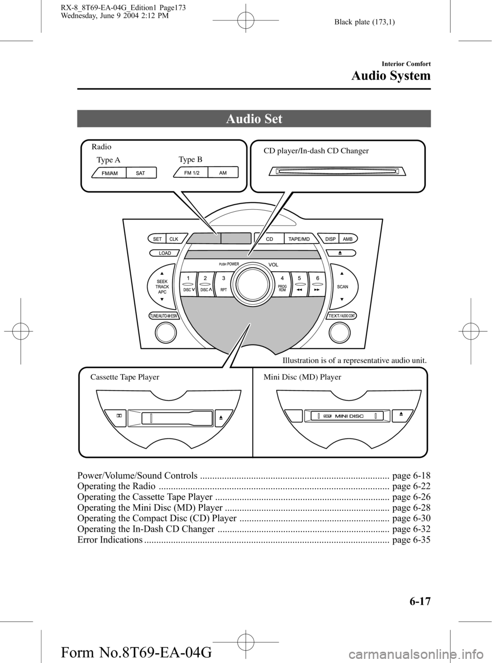 MAZDA MODEL RX 8 2005  Owners Manual (in English) Black plate (173,1)
Audio Set
Type AType B RadioCD player/In-dash CD Changer
Cassette Tape Player Mini Disc (MD) PlayerIllustration is of a representative audio unit.
Power/Volume/Sound Controls .....