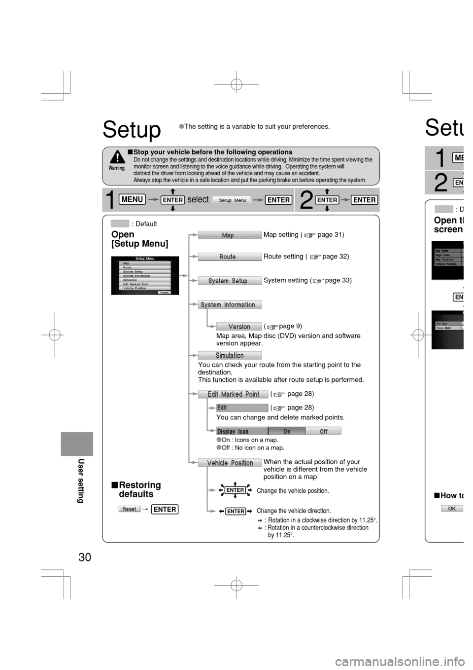 MAZDA MODEL RX 8 2005  Owners Manual (in English) Setu
1
Open th
screen
How to
asE
J
ME
ENT
ENT
30
Setup
2
Restoring
defaults
Map setting (        page 31)

On : Icons on a map.Off : No icon on a map.
The setting is a variable to suit your prefe
