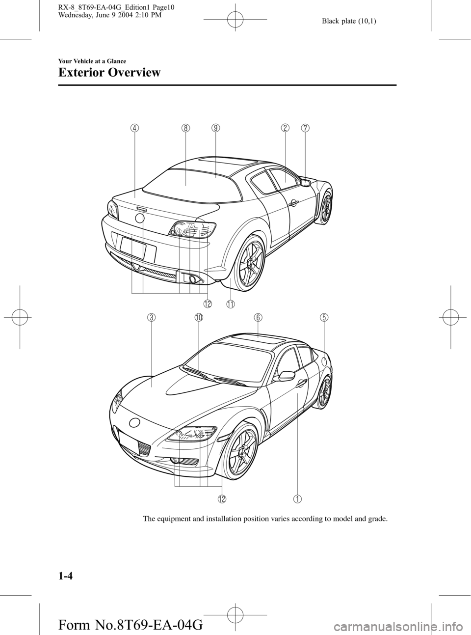 MAZDA MODEL RX 8 2005  Owners Manual (in English) Black plate (10,1)
The equipment and installation position varies according to model and grade.
1-4
Your Vehicle at a Glance
Exterior Overview
RX-8_8T69-EA-04G_Edition1 Page10
Wednesday, June 9 2004 2