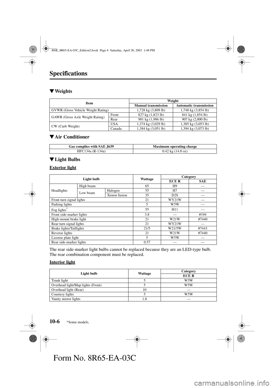 MAZDA MODEL RX 8 2004   (in English) Owners Manual 10-6
Specifications
Form No. 8R65-EA-03C
We i g h t s
Air Conditioner
Light Bulbs
Exterior light
The rear side-marker light bulbs cannot be replaced because they are an LED-type bulb. 
The rear com