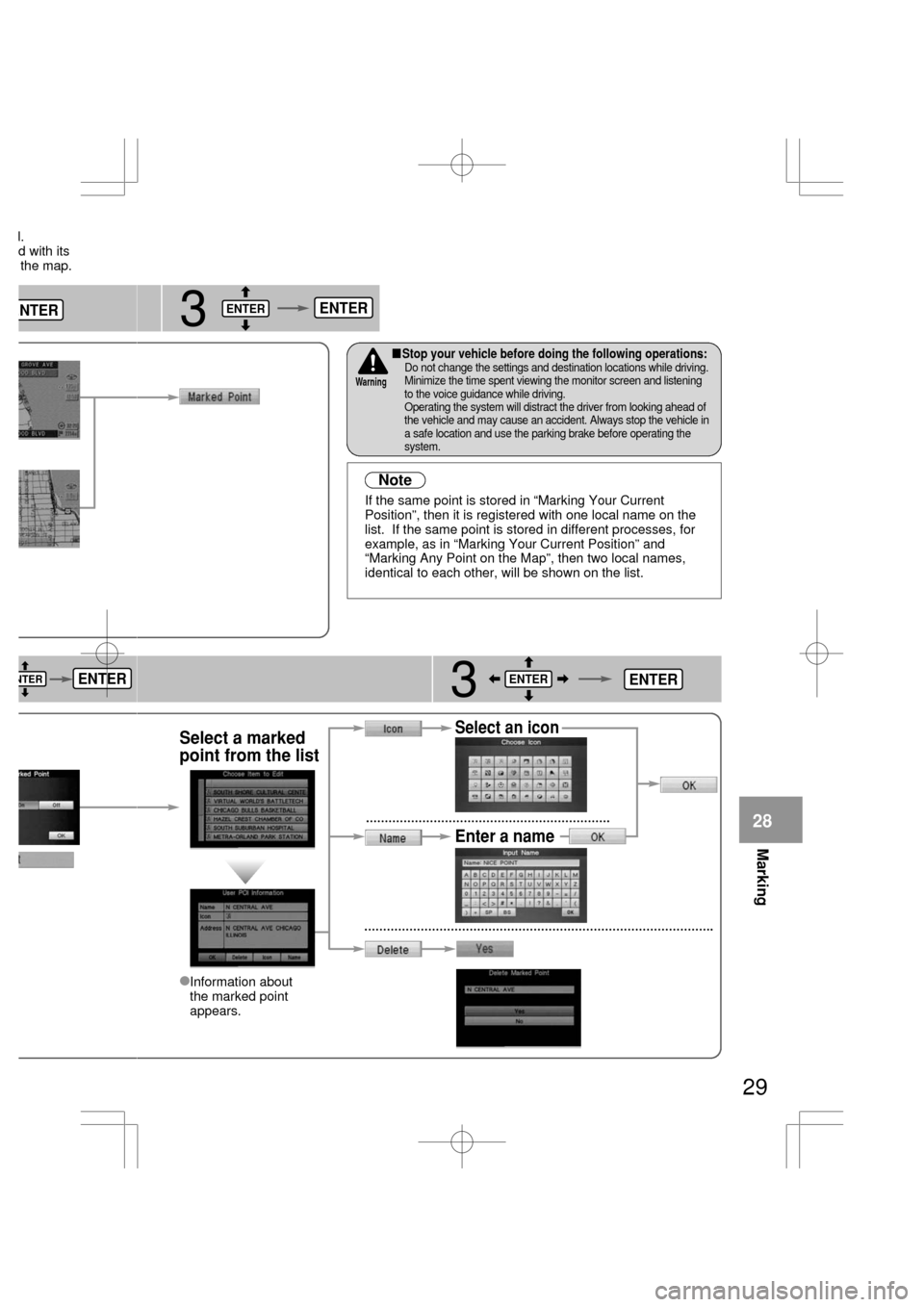 MAZDA MODEL RX 8 2004  Owners Manual (in English) 29
3
3
Select a marked
point from the listSelect an icon
Enter a name

Information about
the marked point
appears.
If the same point is stored in “Marking Your Current
Position”, then it is regis