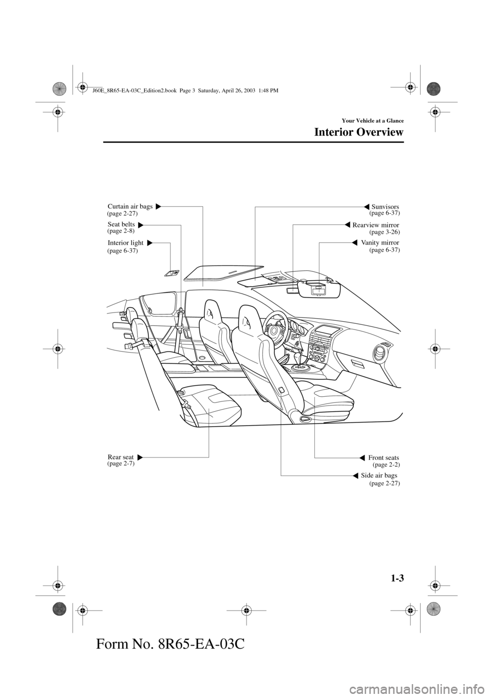 MAZDA MODEL RX 8 2004  Owners Manual (in English) 1-3
Your Vehicle at a Glance
Form No. 8R65-EA-03C
Interior Overview
Seat belts
Interior lightSunvisors
Rear seatVanity mirror Rearview mirror
Front seats Curtain air bags
Side air bags 
(page 6-37)
(p