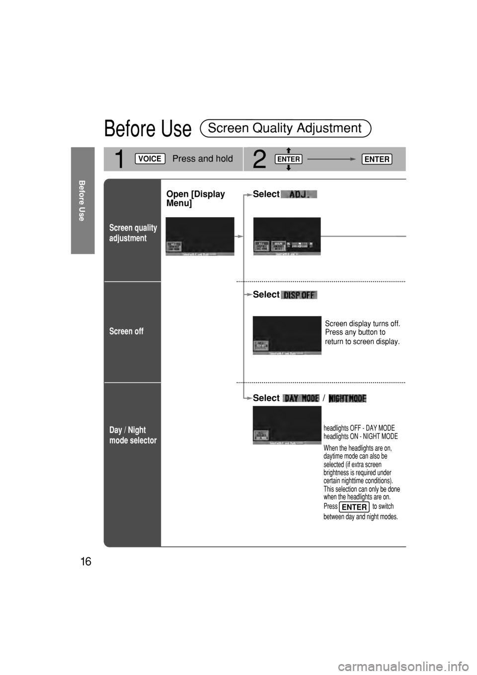 MAZDA MODEL RX 8 2004  Navigation Manual (in English) 16
Screen quality
adju\btment
Open [Di\bplay
Menu]Select
Select
Screen off
Day / Night
mode \belector
Before\bUse
Select              \O   /
1Press\band\bhold
Screen\bQual\fty\bAdjustme\ant
2
Screen\b