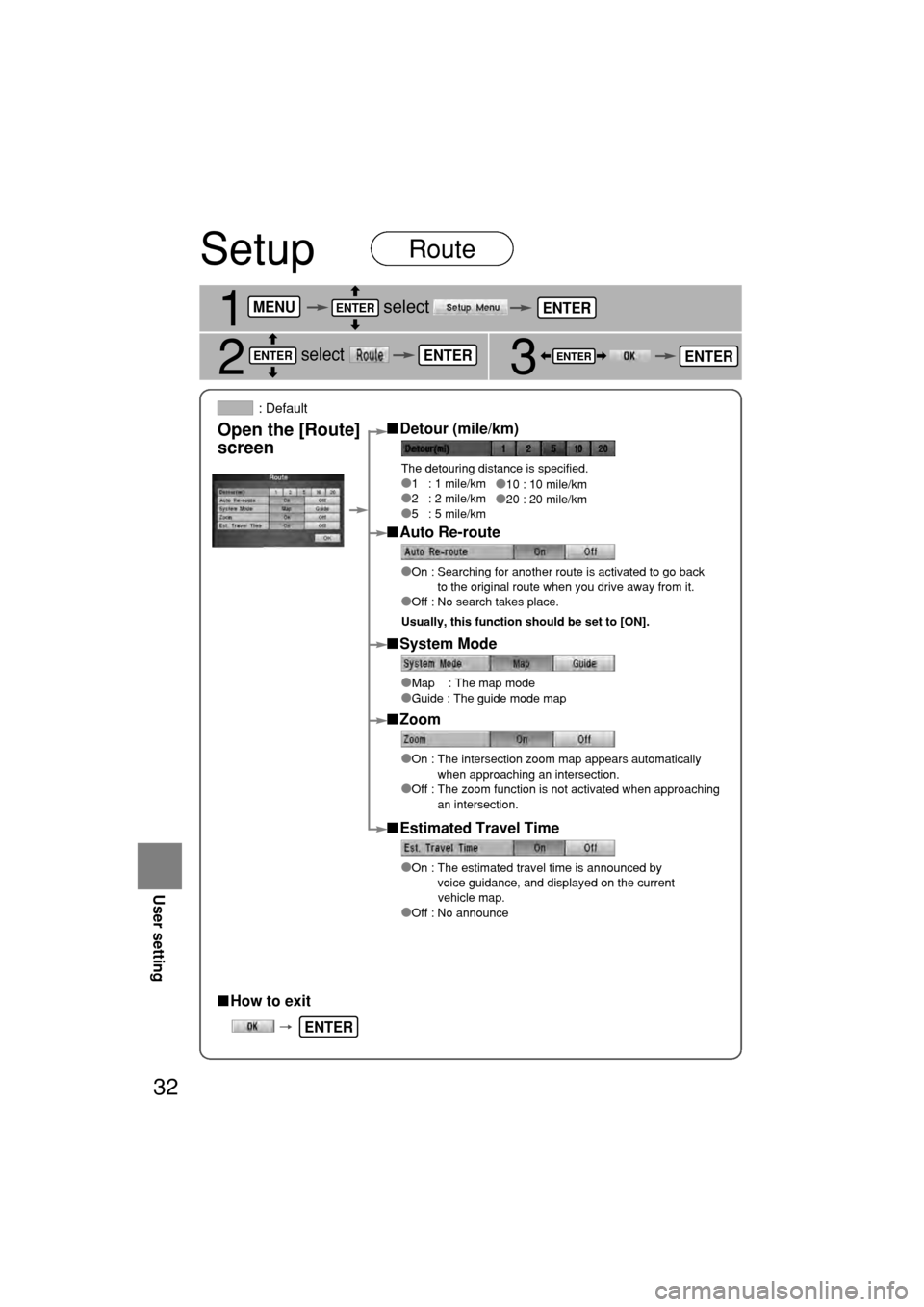 MAZDA MODEL RX 8 2004  Navigation Manual (in English) Open th
[Sy\btem
\bcreen
:\bD
How to
Setu
1
2
ME
ENTE
EN
32
Open the [Route]
\bcreenDetour (mile/km) 
The\bdetour\fng\bd\fstance\a\b\fs\bspec\ff\fed.1\b\b\b:\b1\bm\fle/km2\b\b\b:\b2\bm\fle/km5\b\