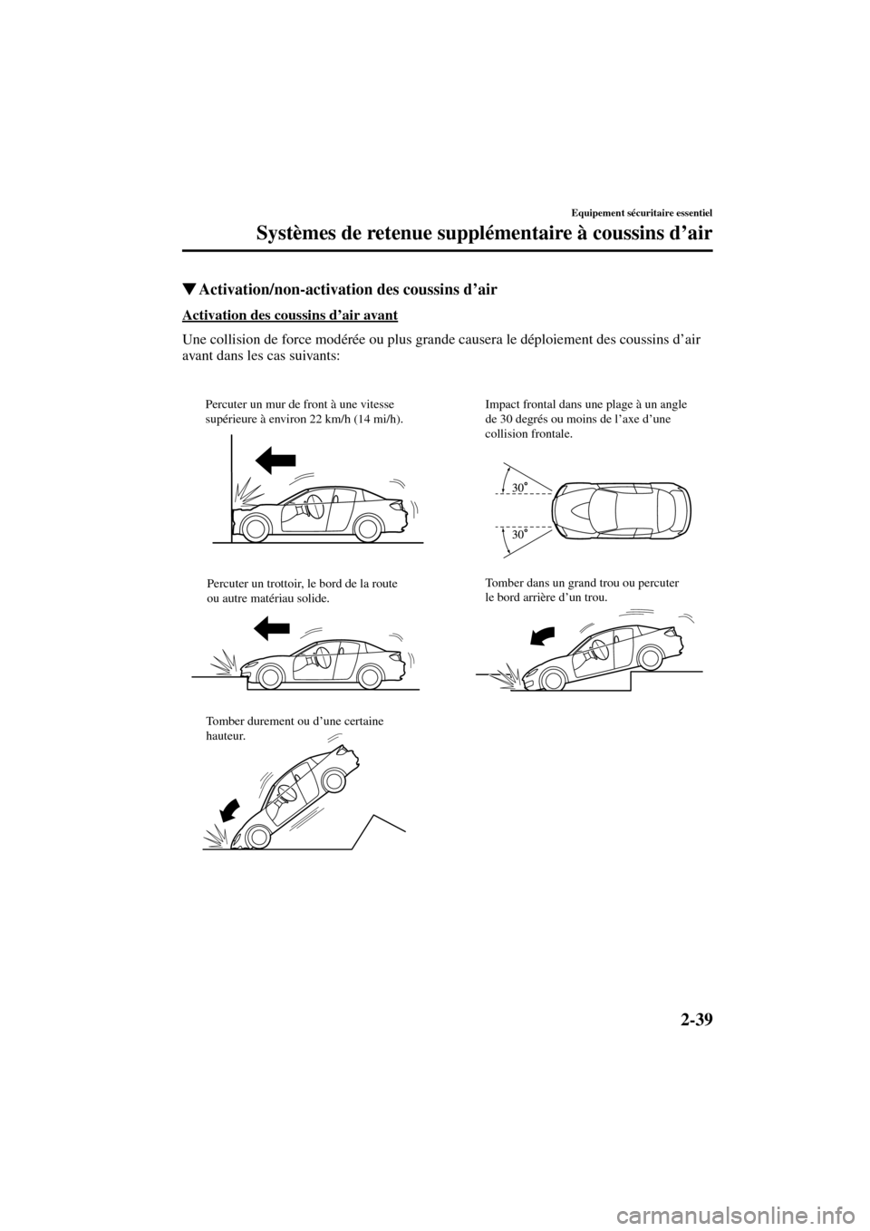 MAZDA MODEL RX 8 2004  Manuel du propriétaire (in French) 2-39
Equipement sécuritaire essentiel
Systèmes de retenue supplémentaire à coussins d’air
Form No. 8R66-EC-03C-F
Activation/non-activation des coussins d’air
Activation des coussins d’air a