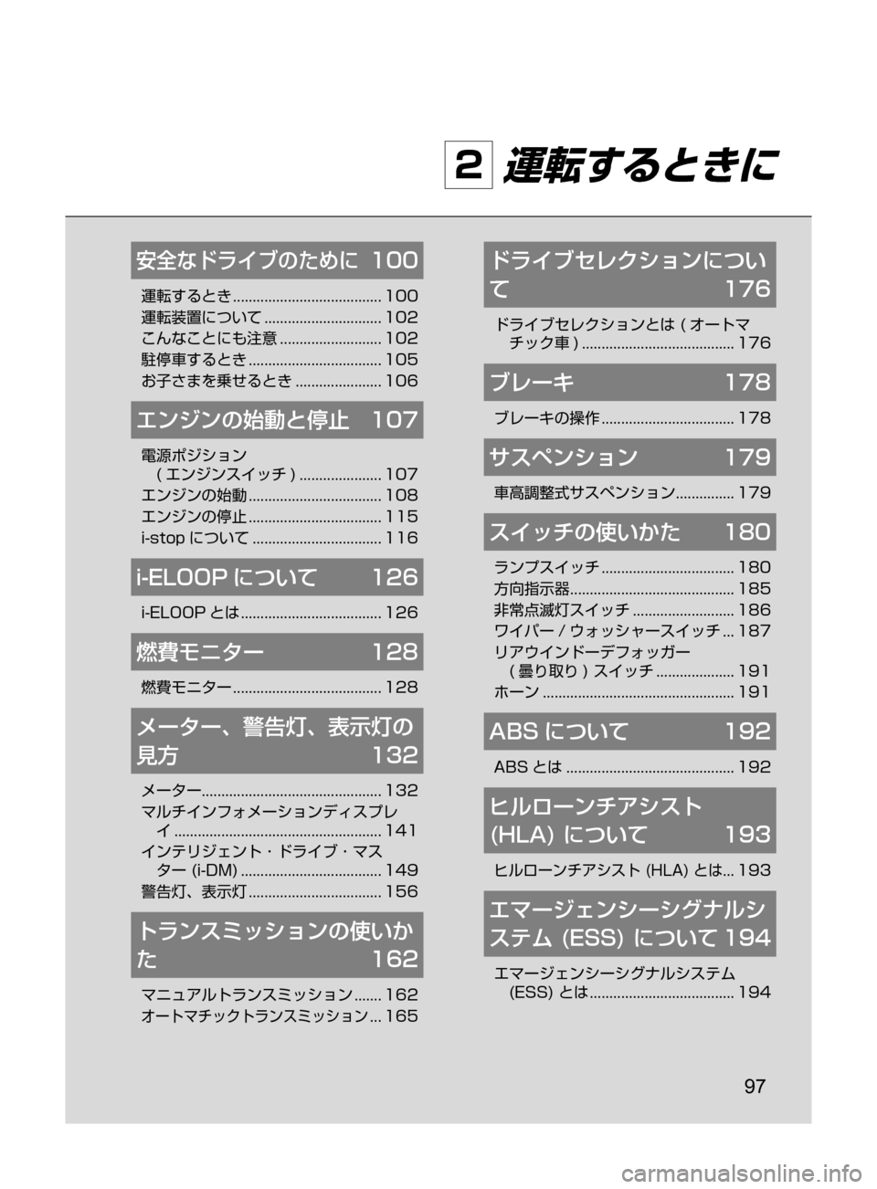 MAZDA MODEL ROADSTER 2017  ロードスター｜取扱説明書 (in Japanese)  97
2 運転するときに
安全なドライブのために	 100
運転するとき﻿﻿......................................100
運転装置について
﻿﻿..............................102
