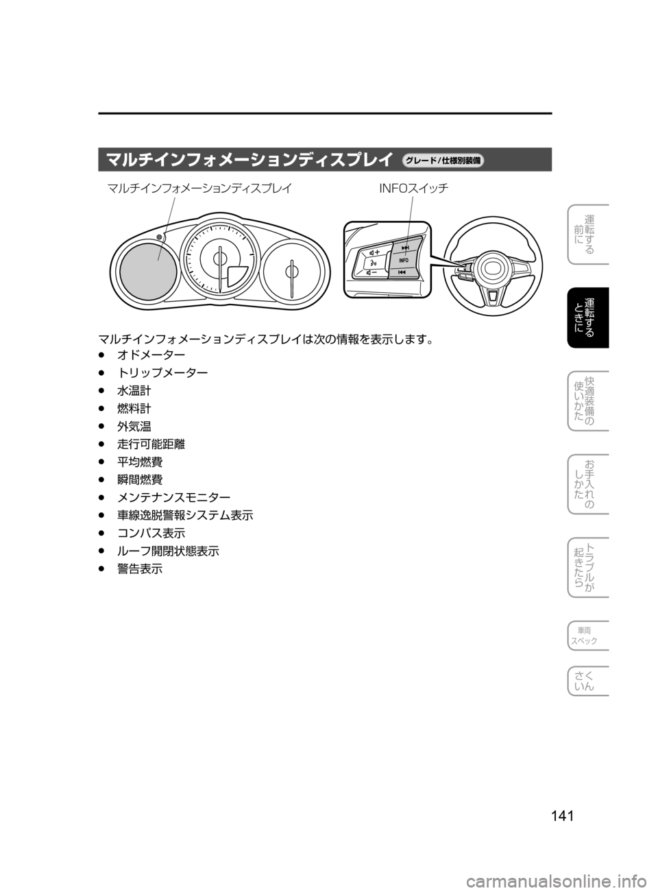 MAZDA MODEL ROADSTER 2017  ロードスター｜取扱説明書 (in Japanese)  141
運転する
﻿﻿
前に
運転する
﻿﻿
ときに
快適装備の
使いかた
お手入れの
しかた
トラブルが
起きたら
車両
スペック
さく
いん
マルチインフォ