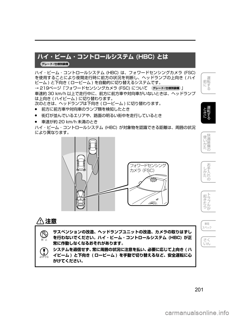 MAZDA MODEL ROADSTER 2017  ロードスター｜取扱説明書 (in Japanese)  201
運転する
﻿﻿
前に
運転する
﻿﻿
ときに
快適装備の
使いかた
お手入れの
しかた
トラブルが
起きたら
車両
スペック
さく
いん
ハイ ･ ビーム 