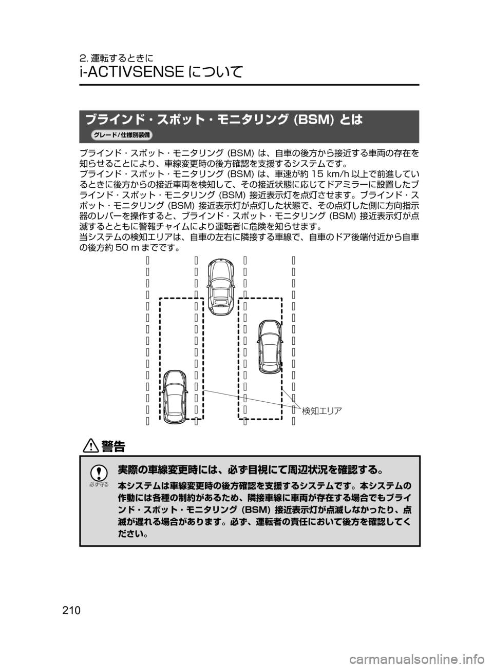 MAZDA MODEL ROADSTER 2017  ロードスター｜取扱説明書 (in Japanese)  210
2. 運転するときに
i-ACTIVSENSE について
ブラインド ･ スポット ･ モニタリング (BSM) とは
¬è”Å�“7
÷
‹����
ブラインド ･ スポット 