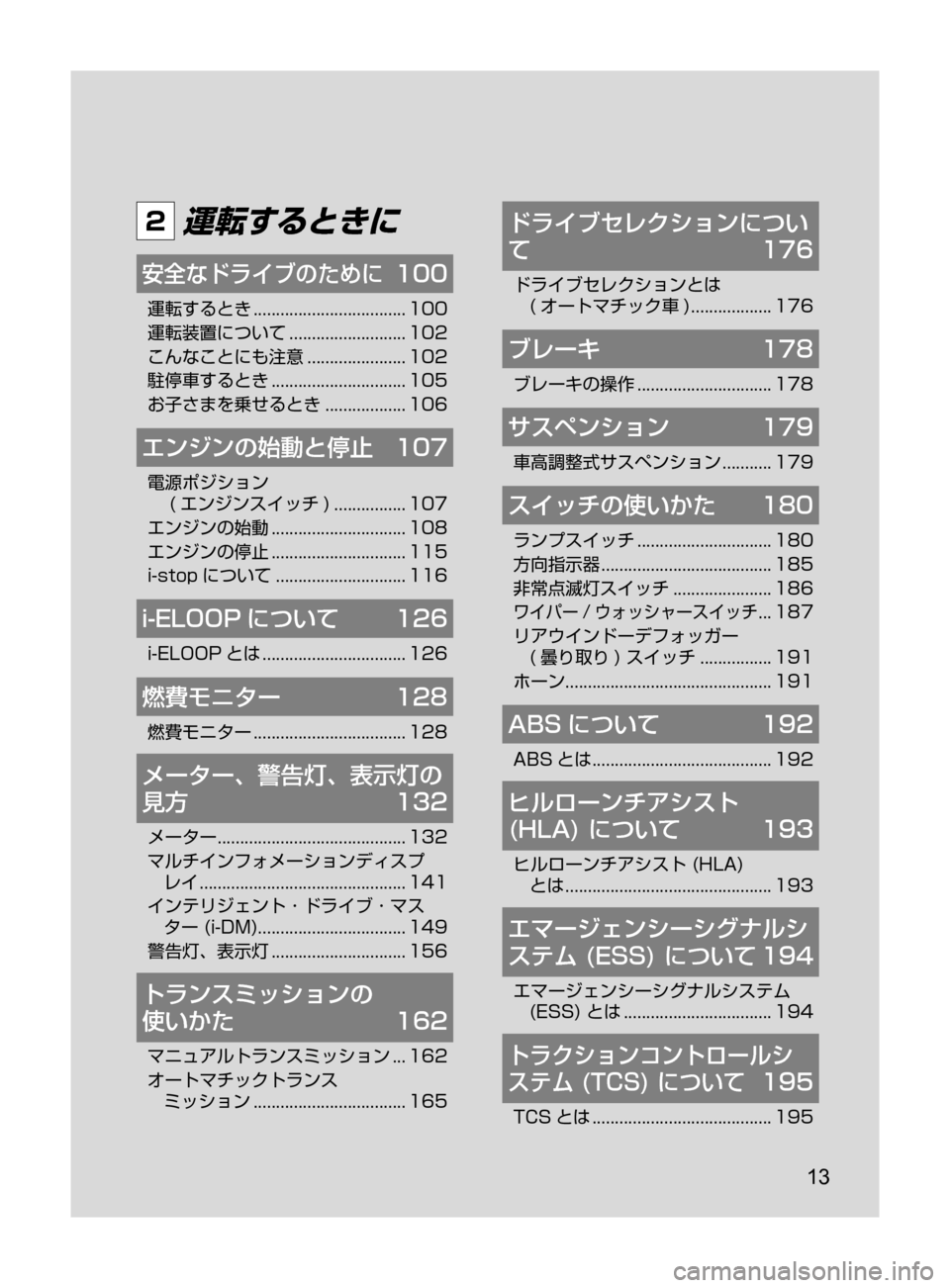 MAZDA MODEL ROADSTER 2017  ロードスター｜取扱説明書 (in Japanese)  13
2 運転するときに
安全なドライブのために	 100
運転するとき﻿﻿..................................100
運転装置について
﻿﻿..........................102
こんな