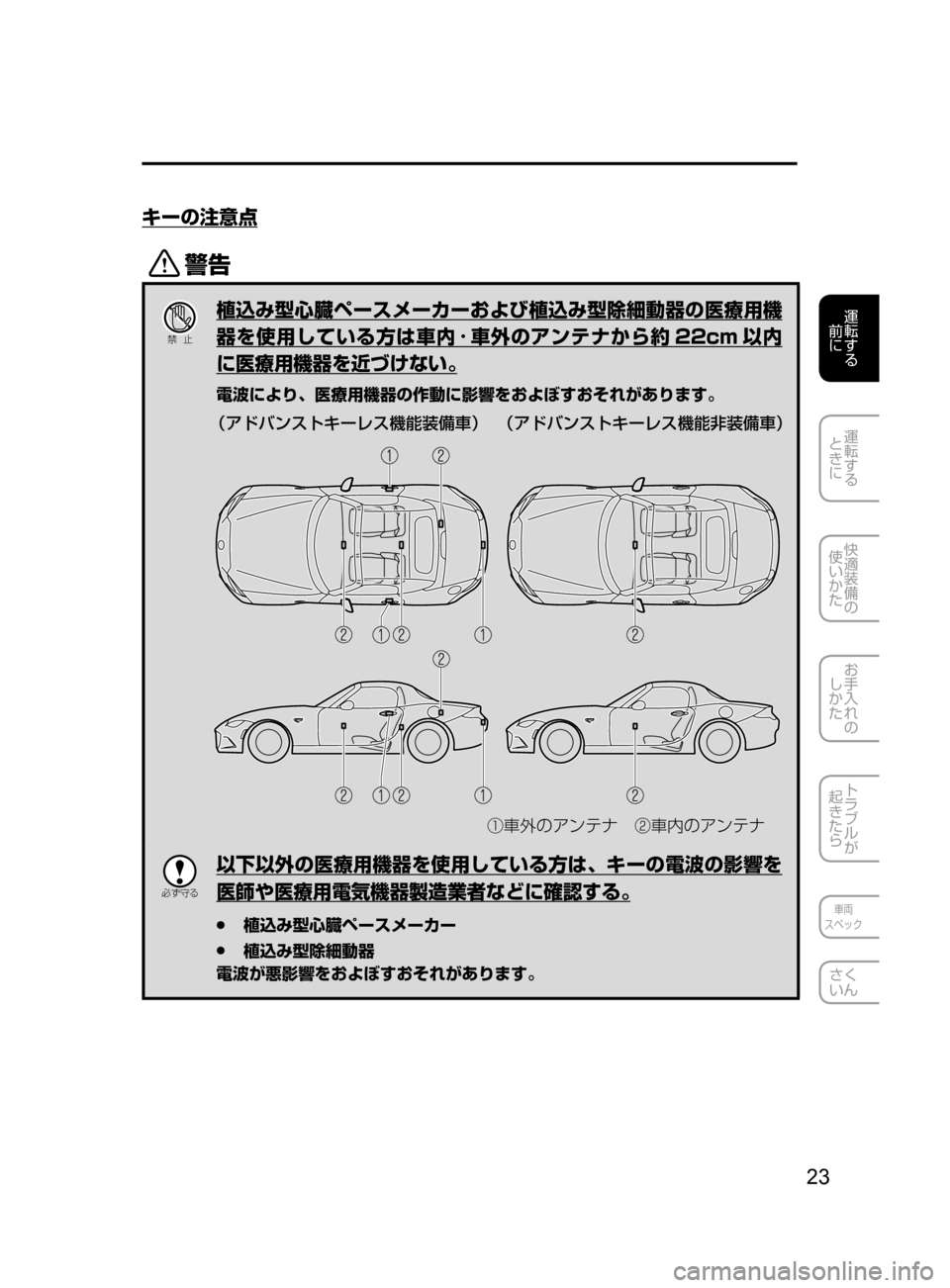 MAZDA MODEL ROADSTER 2017  ロードスター｜取扱説明書 (in Japanese)  23
運転する
﻿﻿
前に
運転する
﻿﻿
ときに
快適装備の
使いかた
お手入れの
しかた
トラブルが
起きたら
車両
スペック
さく
いん
キーの注意点
/