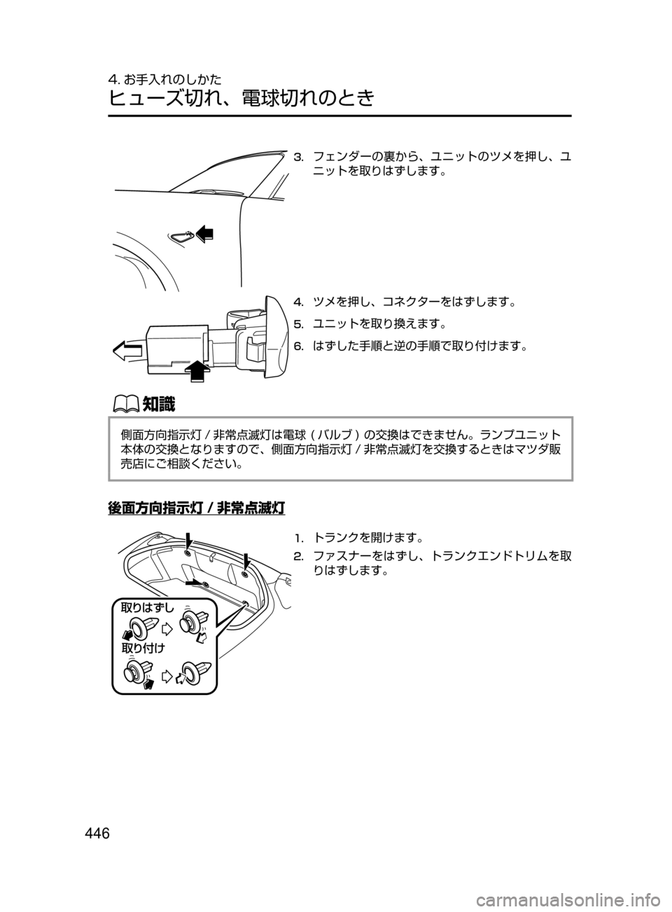 MAZDA MODEL ROADSTER 2017  ロードスター｜取扱説明書 (in Japanese)  446
4. お手入れのしかた
ヒューズ切れ､ 電球切れのとき
3.	フェンダーの裏から､ ユニットのツメを押し､ ユ
ニットを取りはずします。
4.	ツメを押