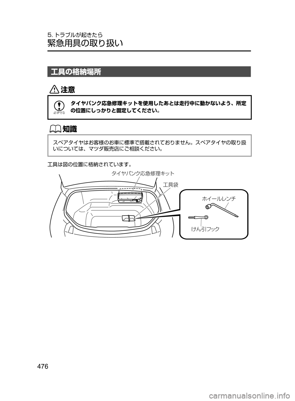 MAZDA MODEL ROADSTER 2017  ロードスター｜取扱説明書 (in Japanese)  476
5. トラブルが起きたら
緊急用具の取り扱い
工具の格納場所
«™

žc	”
タイヤパンク応急修理キットを使用したあとは走行中に動かないよう