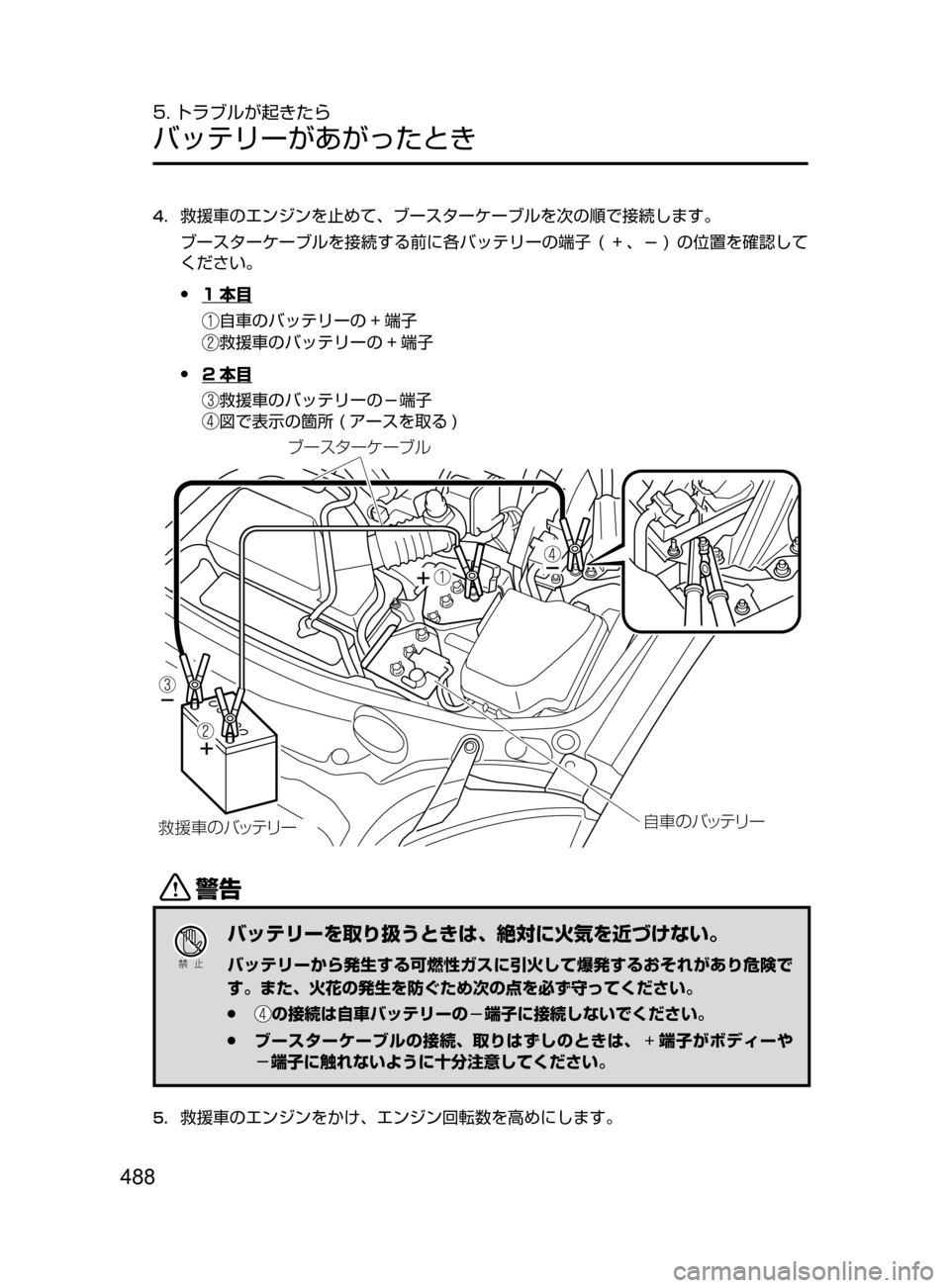 MAZDA MODEL ROADSTER 2017  ロードスター｜取扱説明書 (in Japanese)  488
5. トラブルが起きたら
バッテリーがあがったとき
4.	救援車のエンジンを止めて､ ブースターケーブルを次の順で接続します。
ブースターケーブ