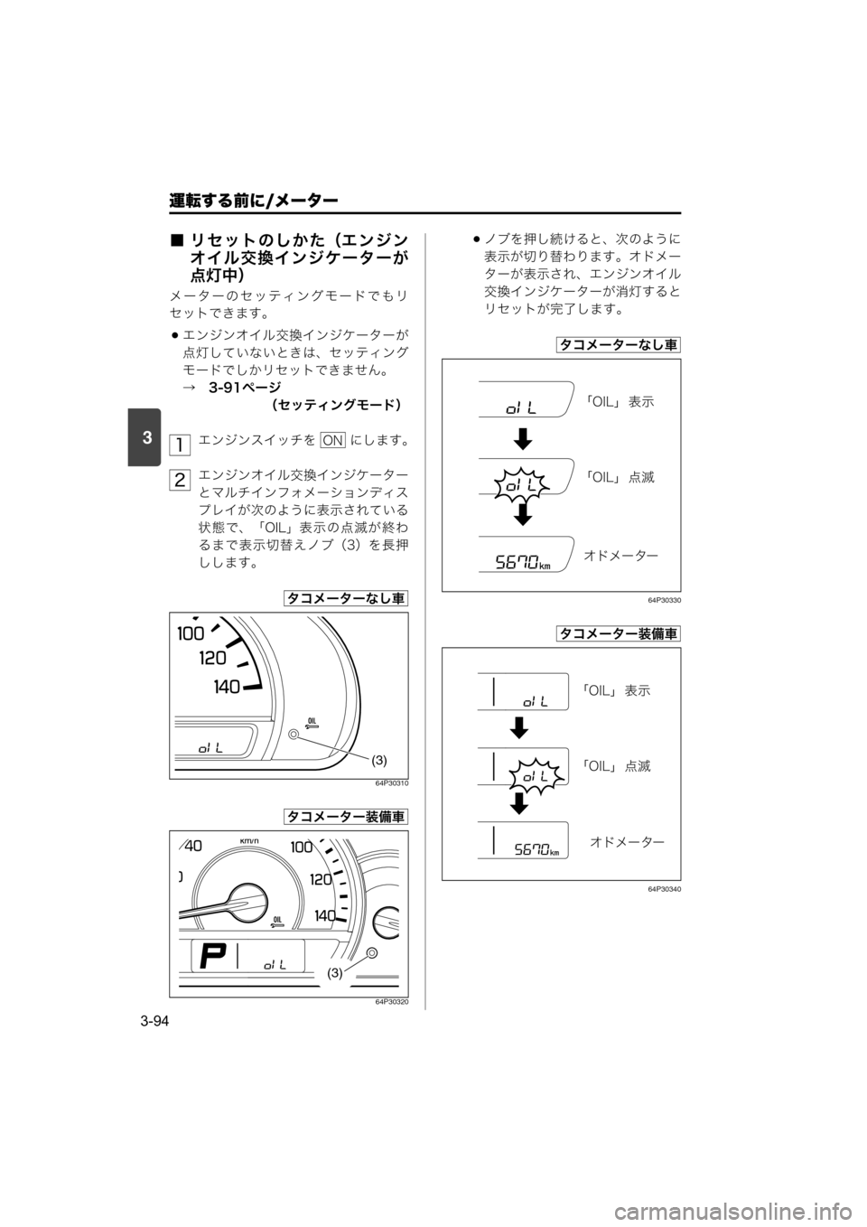 MAZDA MODEL SCRUM VAN / WAGON 2018  取扱説明書 (スクラムバン／ワゴン) (in Japanese) 運転する前に/メーター
3-94
3
■ リセットのしかた（エンジン
オイル交換インジケーターが
点灯中）
メーターのセッティングモードでもリ
セットで